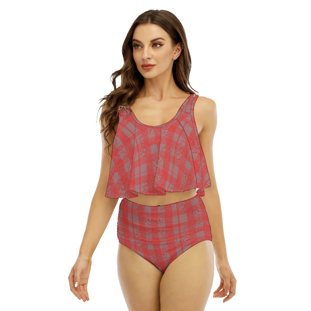 All-Over Print Women's Ruffled Vest Bikini Swimsuit