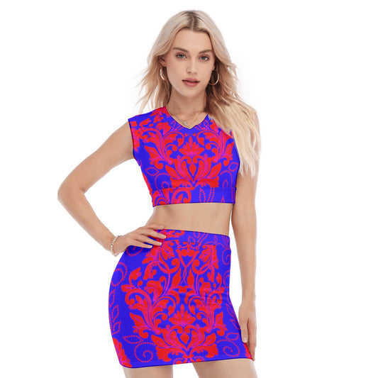 All-Over Print Women's Collarless V Collar Vest Skirt Suit