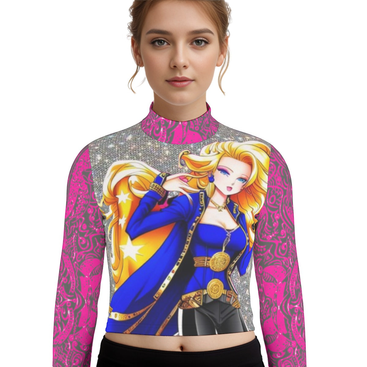 kokorepublic Eco-Friendly All-Over Print Women's Turtleneck T-shirt With Long Sleeve