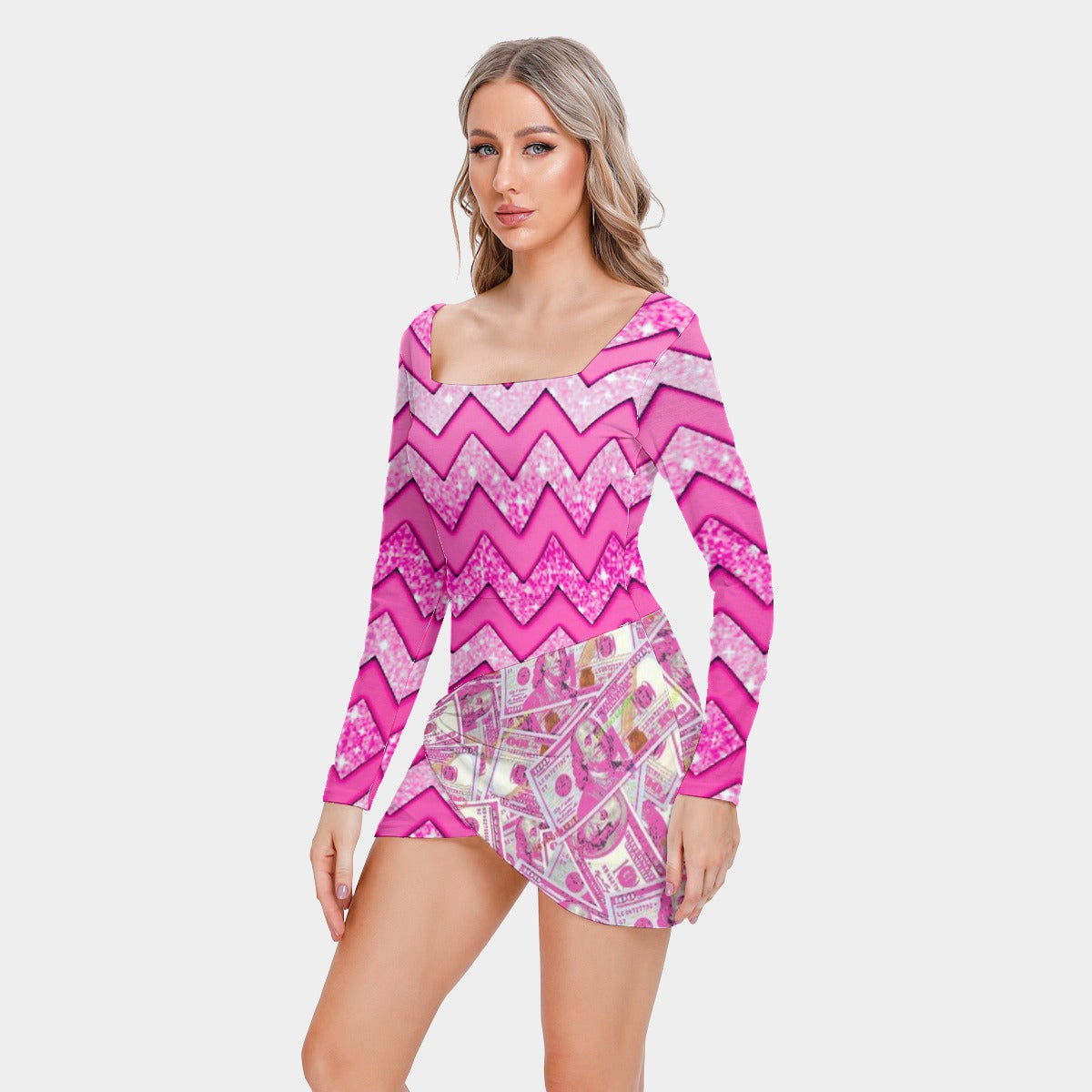 kokorepublic  Print Women’s Square Collar Dress With Long Sleeve