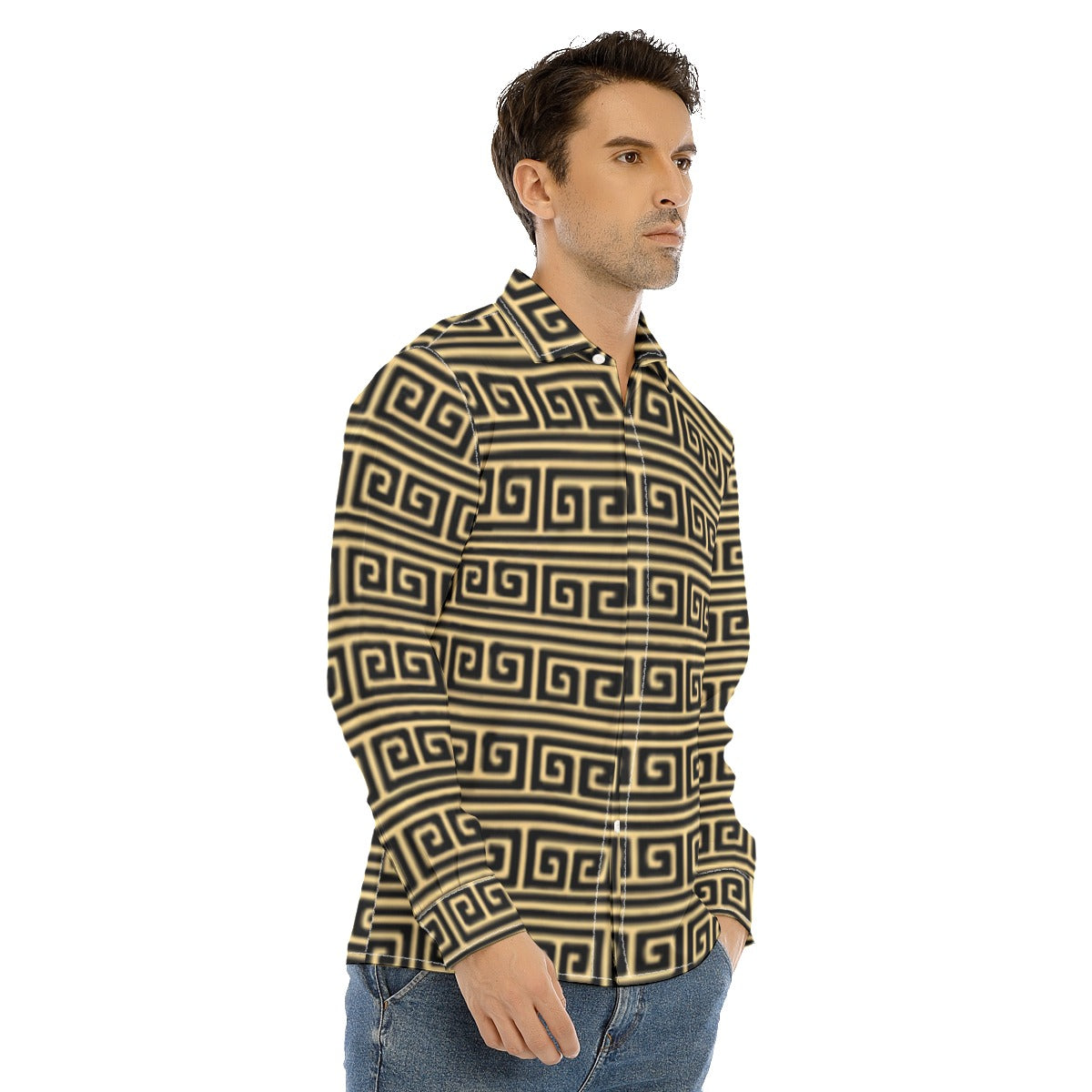 All-Over Print Men's Lapel Collar Shirt With Concealed Placket