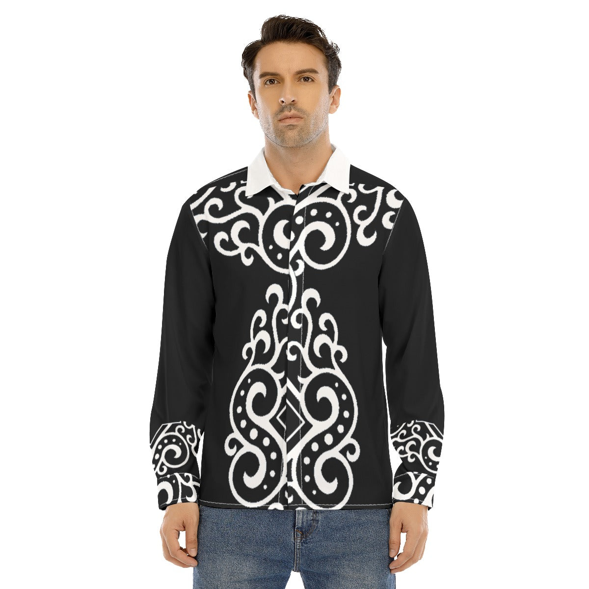 All-Over Print Men's Lapel Collar Shirt With Concealed Placket