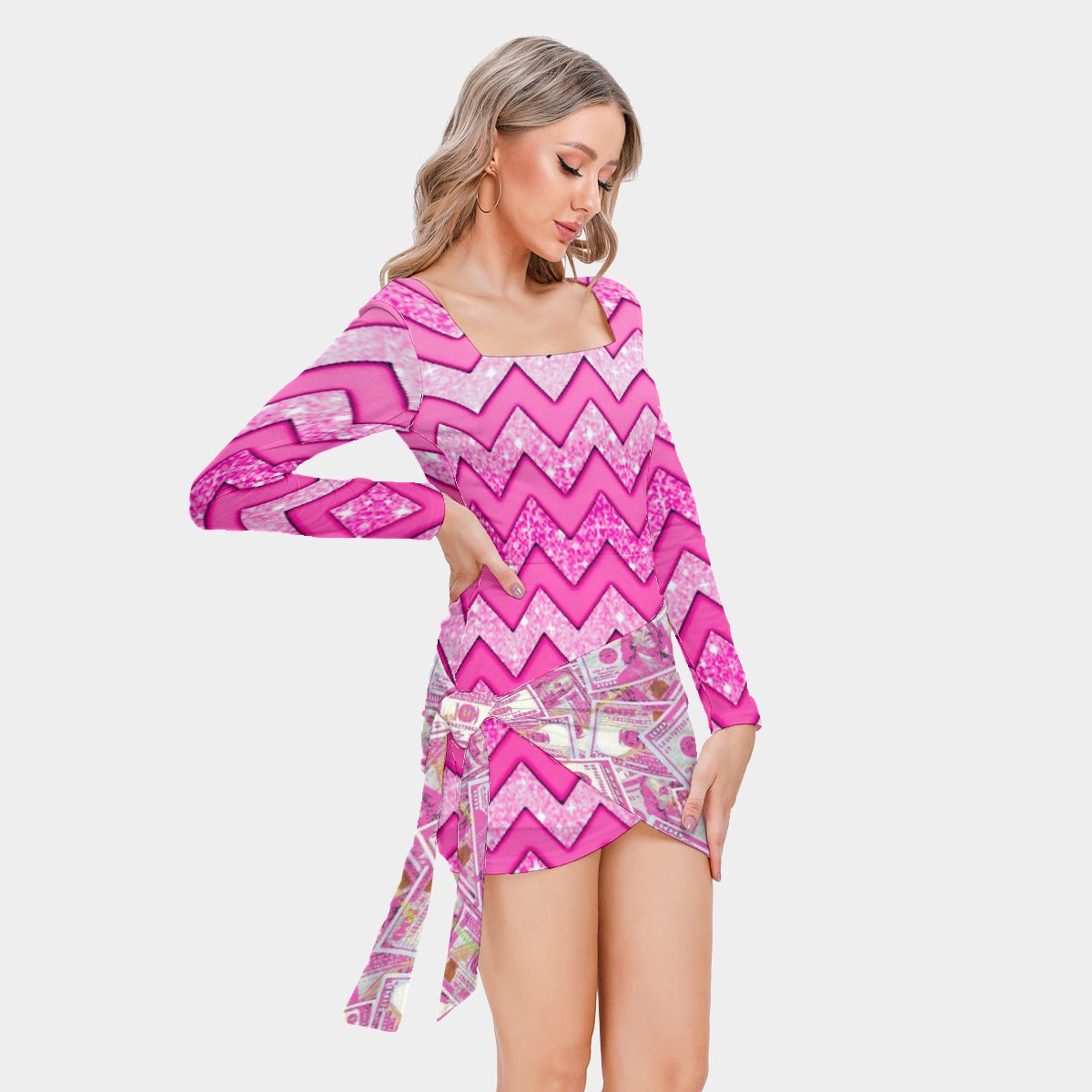 kokorepublic  Print Women’s Square Collar Dress With Long Sleeve