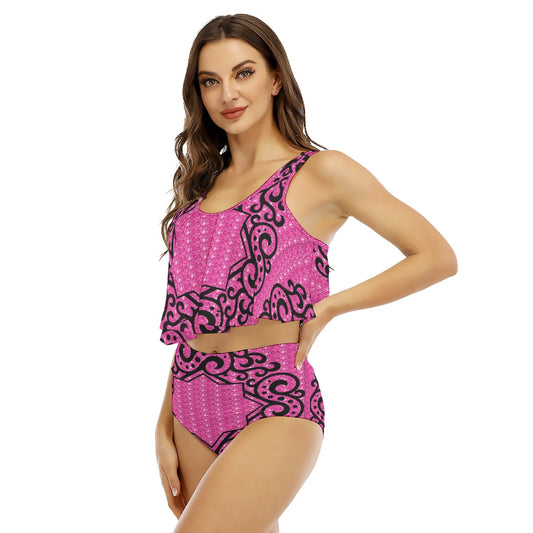 All-Over Print Women's Ruffled Vest Bikini Swimsuit