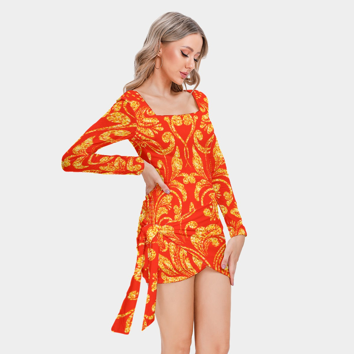 kokorepublic Print Women’s Square Collar Dress With Long Sleeve