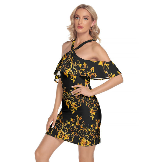 All-Over Print Women's Cold Shoulder Cami Dress With Ruffle