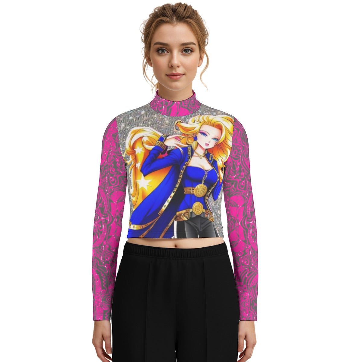 kokorepublic Eco-Friendly All-Over Print Women's Turtleneck T-shirt With Long Sleeve