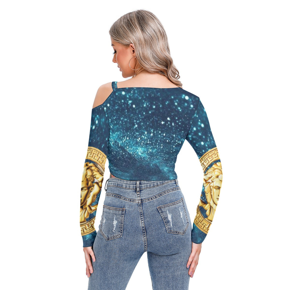 All-Over Print Women's One-shoulder Blouse With Drawstring