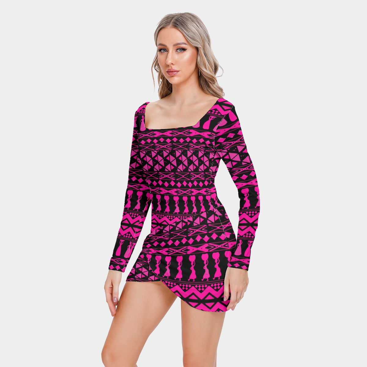 kokorepublic  Print Women’s Square Collar Dress With Long Sleeve