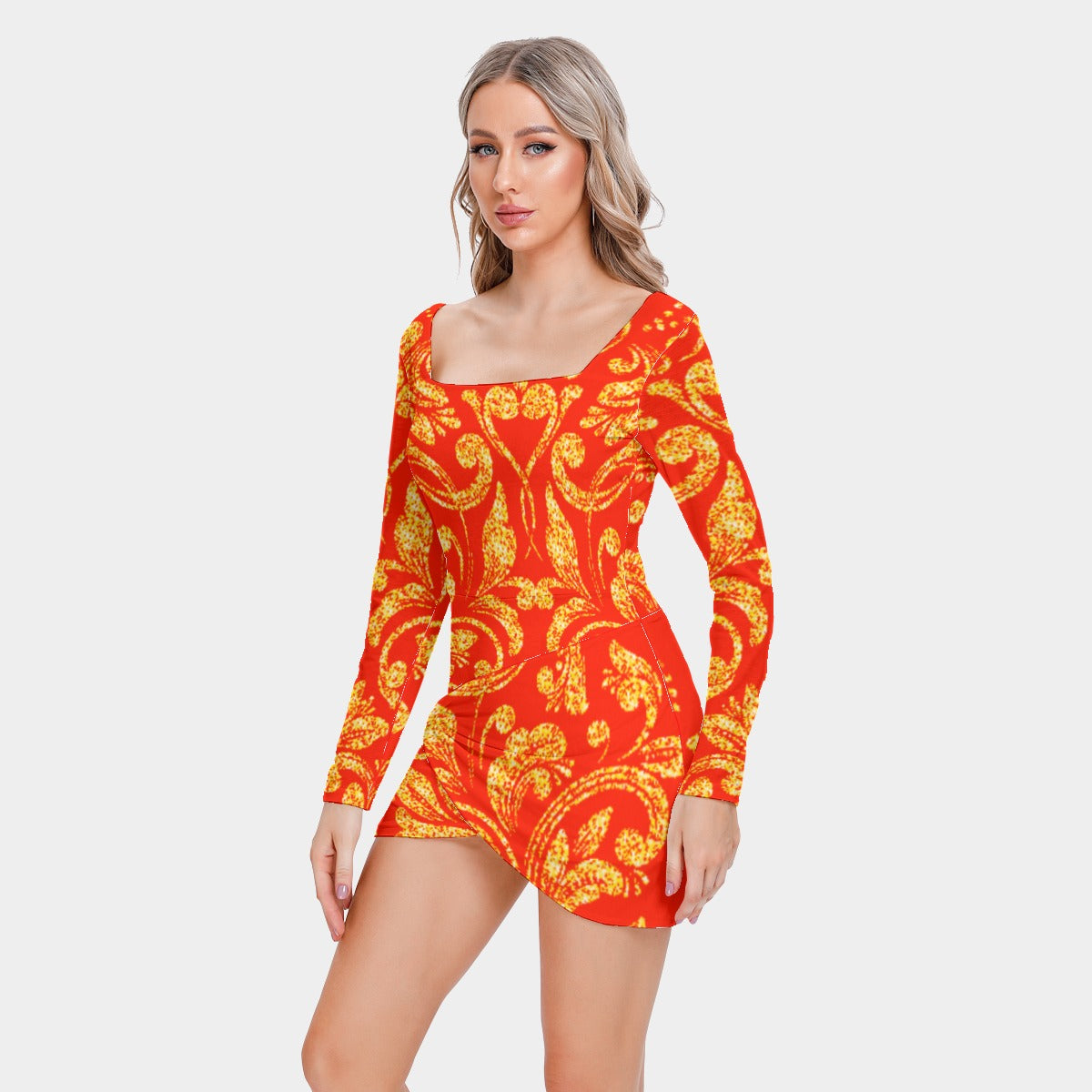 kokorepublic Print Women’s Square Collar Dress With Long Sleeve