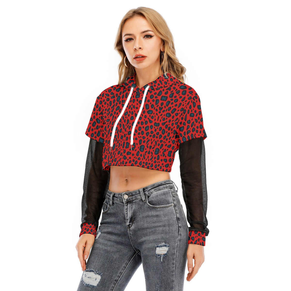All-Over Print Women's Fake Two-piece Mesh Sleeve Cropped Hoodie