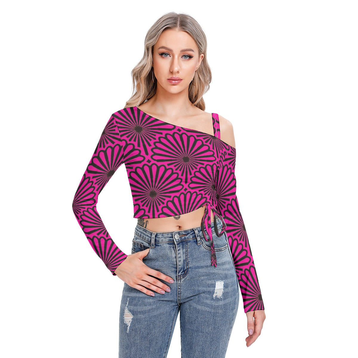 kokorepublic  Print Women's One-shoulder Blouse With Drawstring