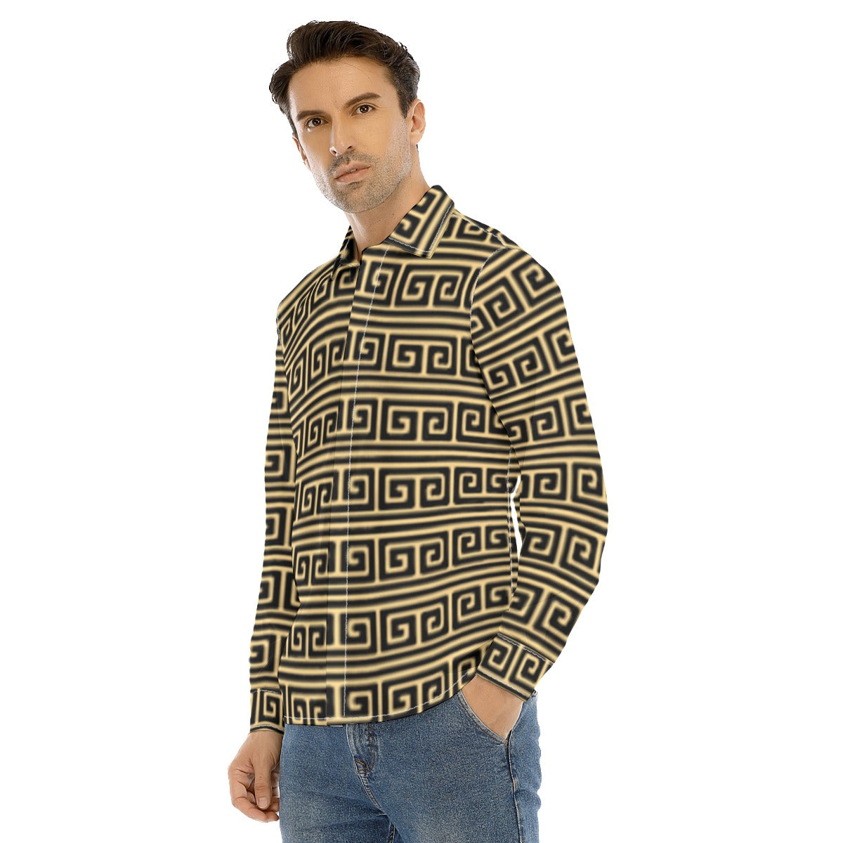 All-Over Print Men's Lapel Collar Shirt With Concealed Placket