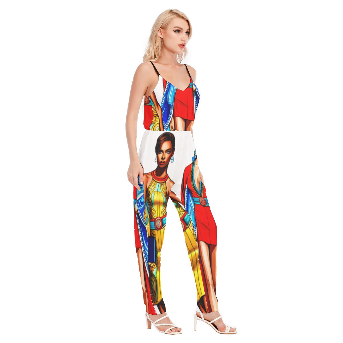 kokorepublic  Print Women's High Waist V-neck Cami Jumpsuit
