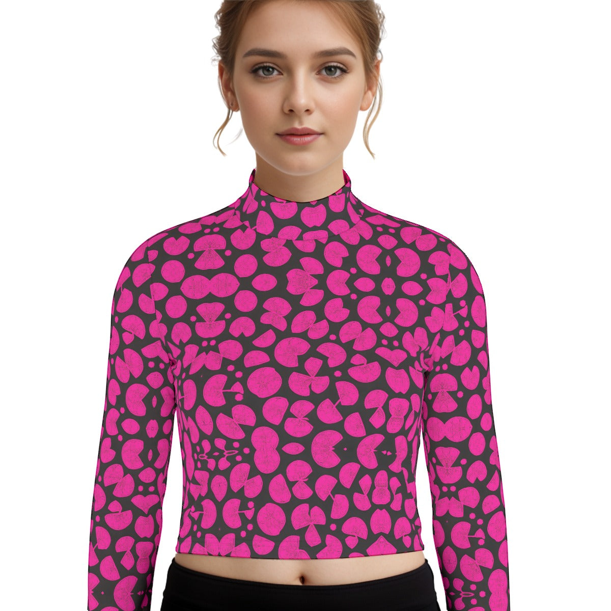 kokorepublic Eco-Friendly All-Over Print Women's Turtleneck T-shirt With Long Sleeve
