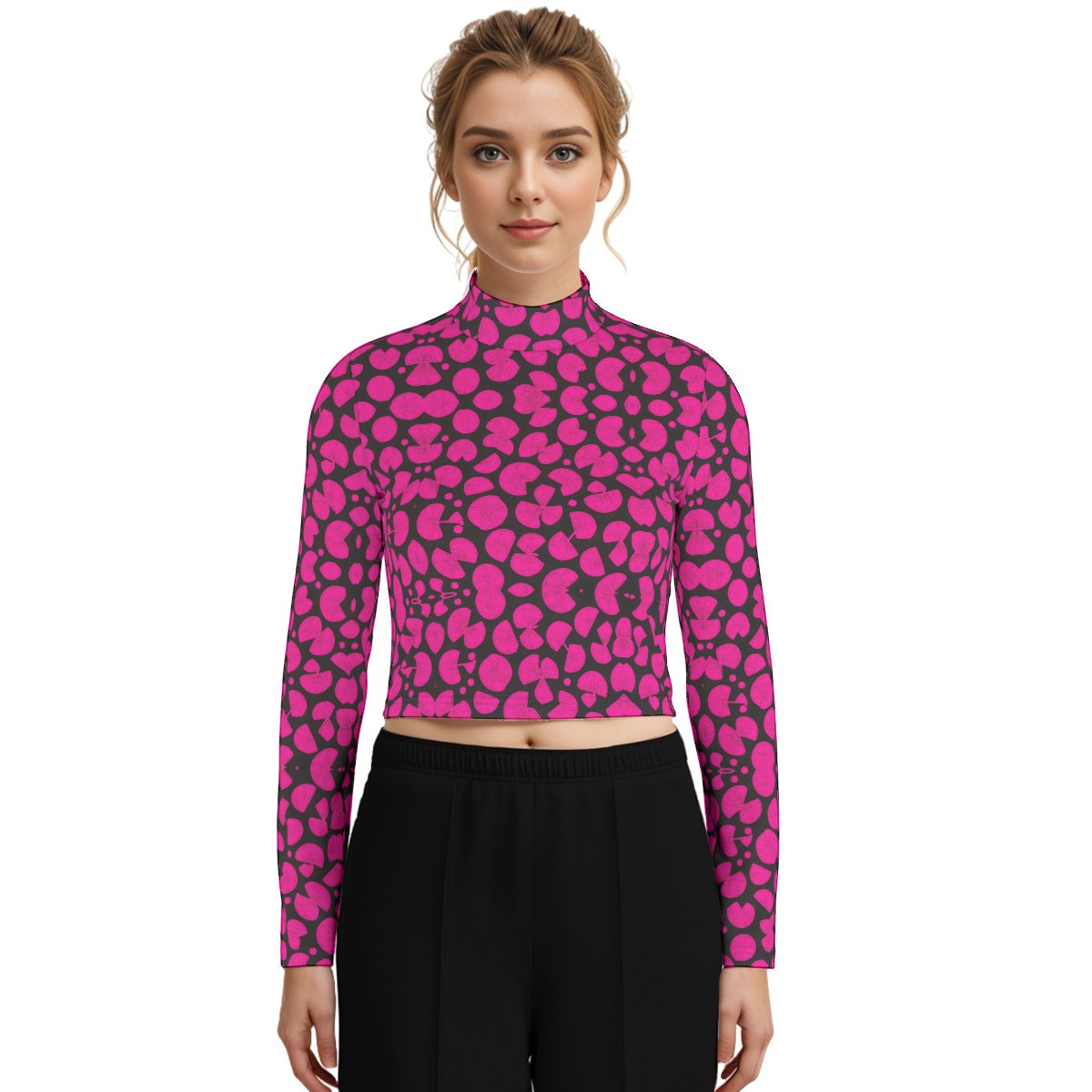 kokorepublic Eco-Friendly All-Over Print Women's Turtleneck T-shirt With Long Sleeve