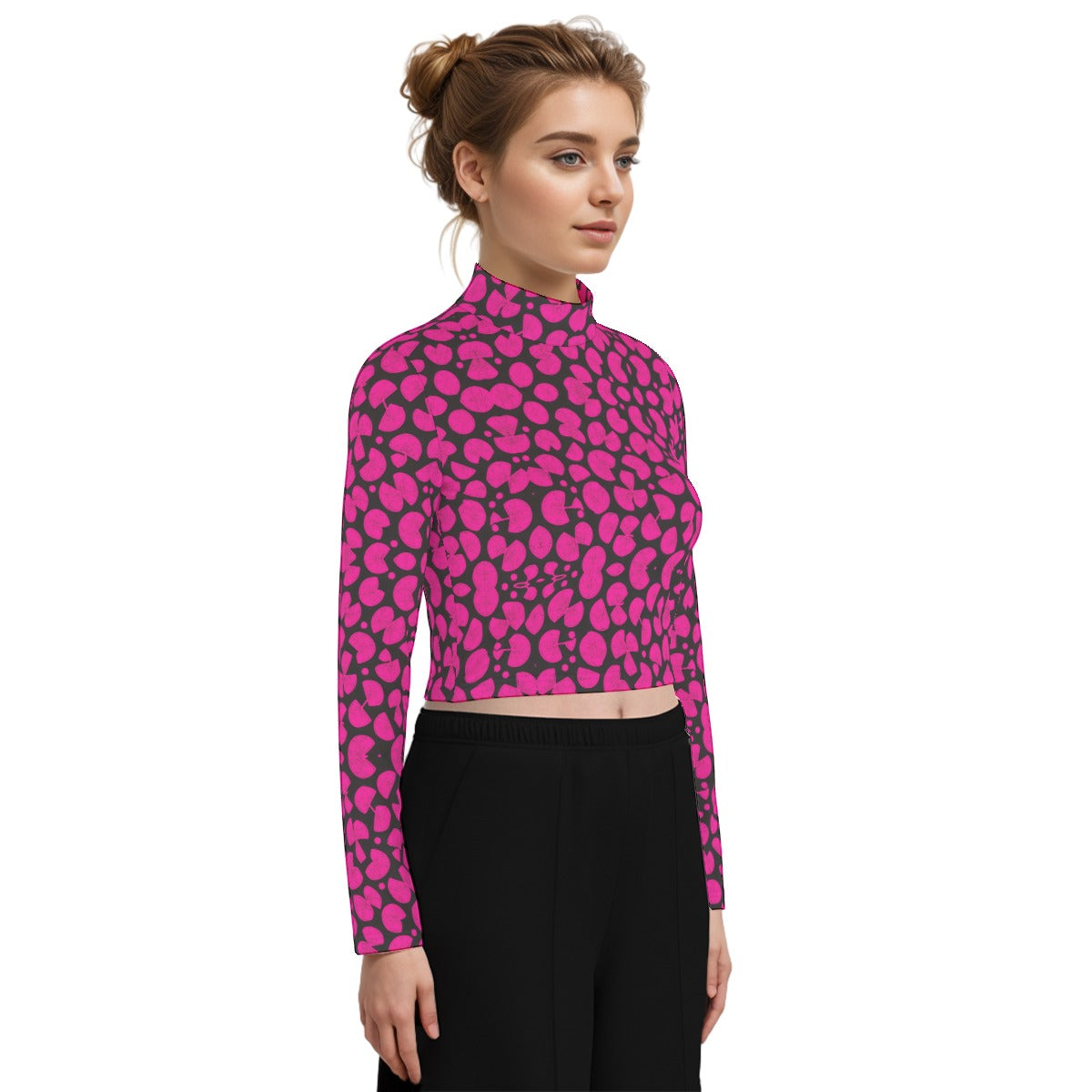 kokorepublic Eco-Friendly All-Over Print Women's Turtleneck T-shirt With Long Sleeve