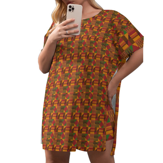 All-Over Print Women's Drop-Shoulder T-Shirt with Side Split and Shorts (Plus Size)
