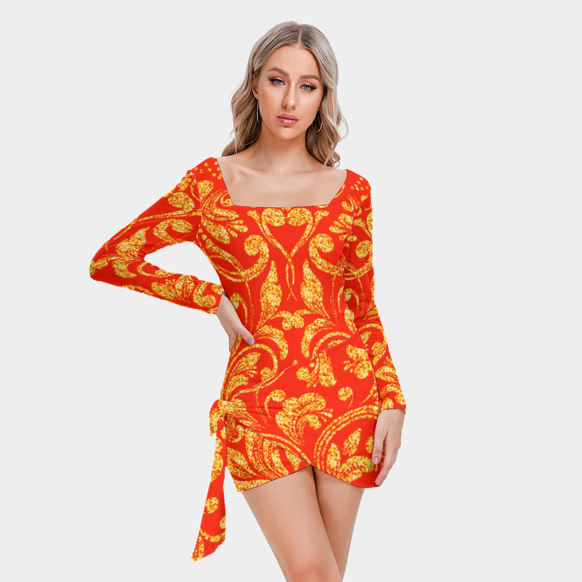 kokorepublic Print Women’s Square Collar Dress With Long Sleeve