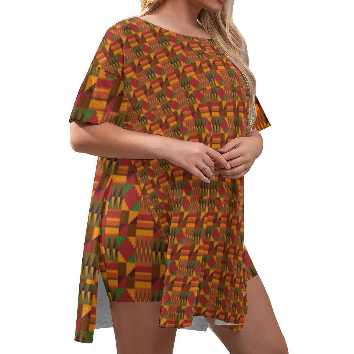 All-Over Print Women's Drop-Shoulder T-Shirt with Side Split and Shorts (Plus Size)