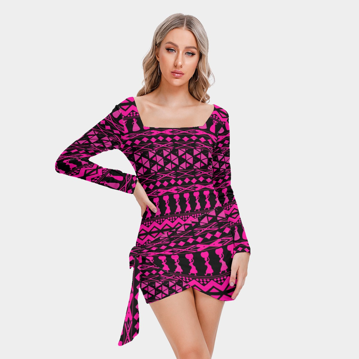 kokorepublic  Print Women’s Square Collar Dress With Long Sleeve