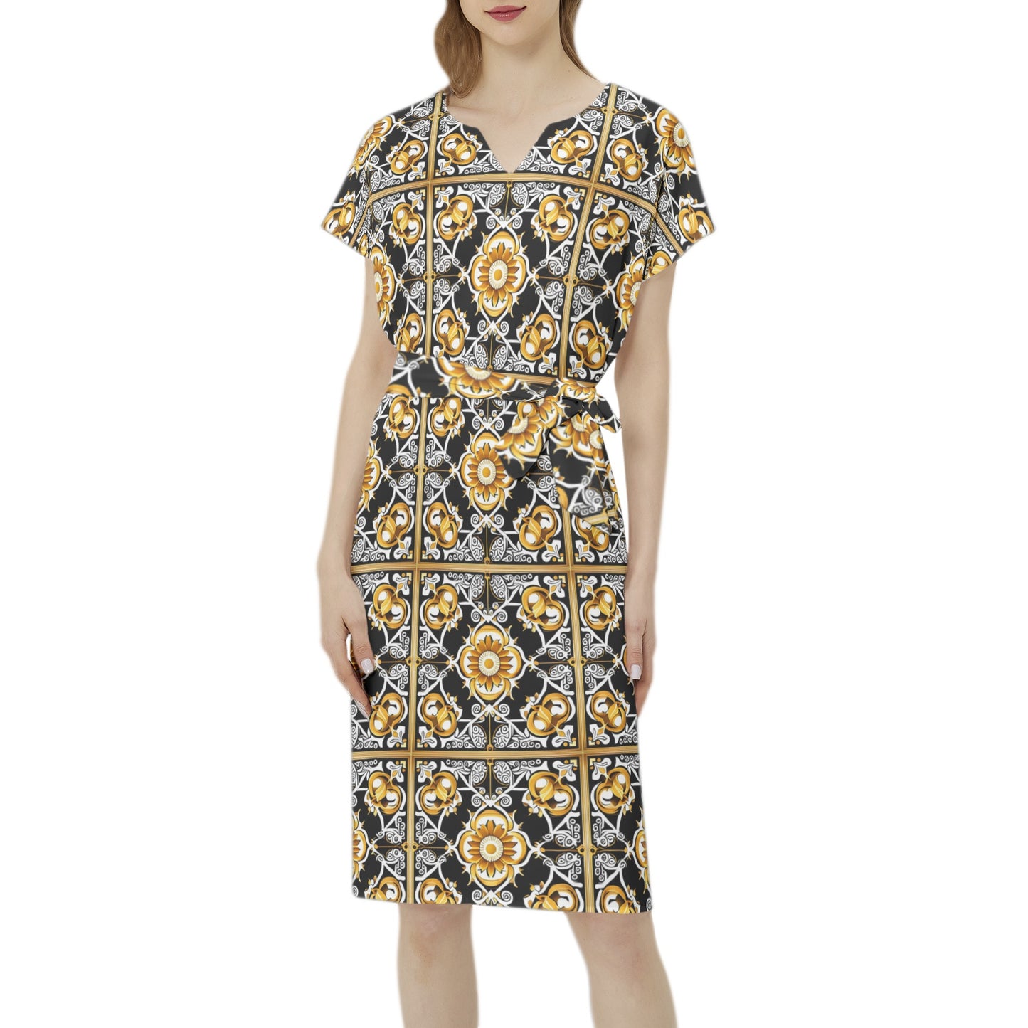 kokorepublic Betwing Seleeve Notch Neck Casual Dress with Belt