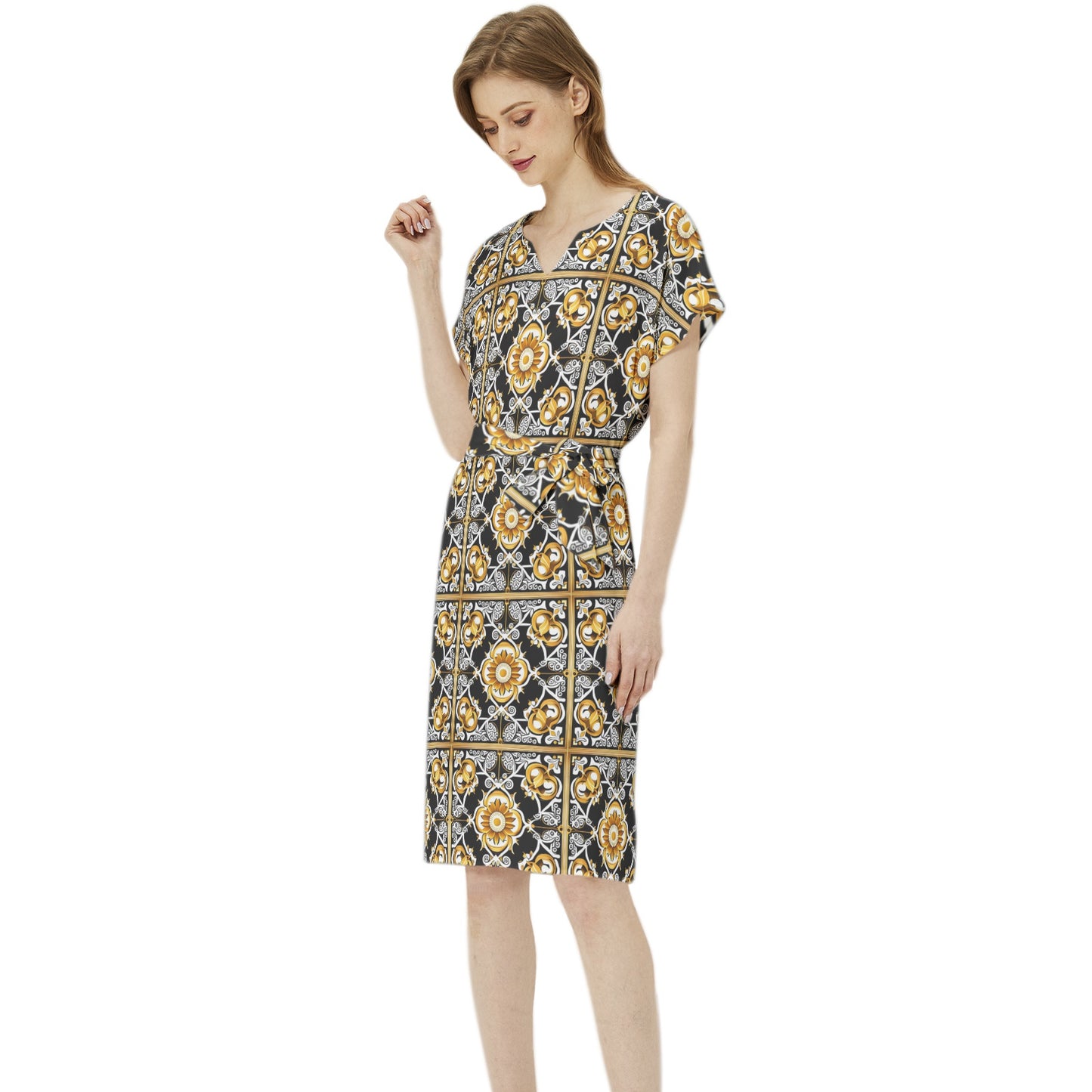 kokorepublic Betwing Seleeve Notch Neck Casual Dress with Belt