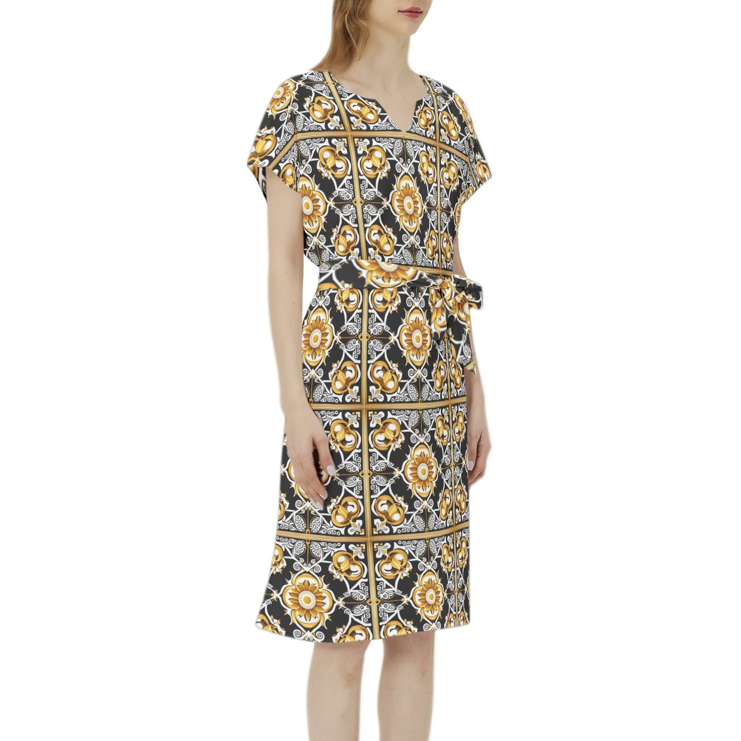 kokorepublic Betwing Seleeve Notch Neck Casual Dress with Belt