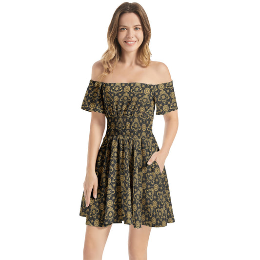 KokoRepublic  Off Shoulder Shirred Waist Flared Mini Dress