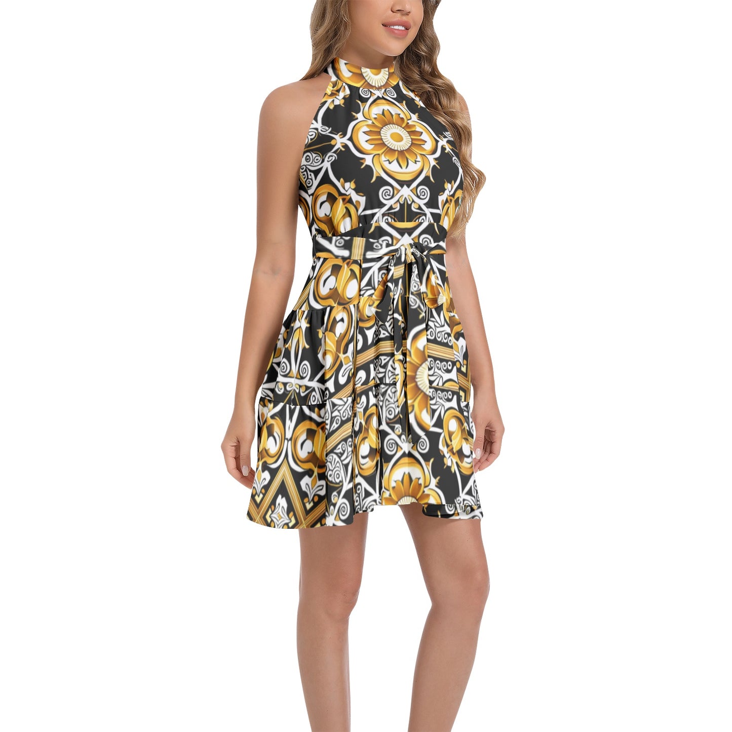 Ruffle Hem Belted Halter Dress