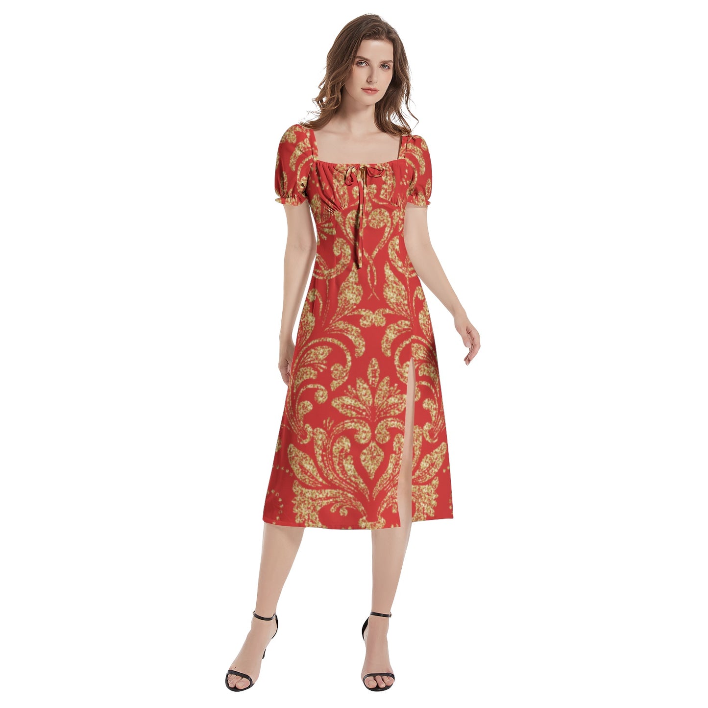 kokorepublic Puff Sleeve Split Thigh Midi Dress