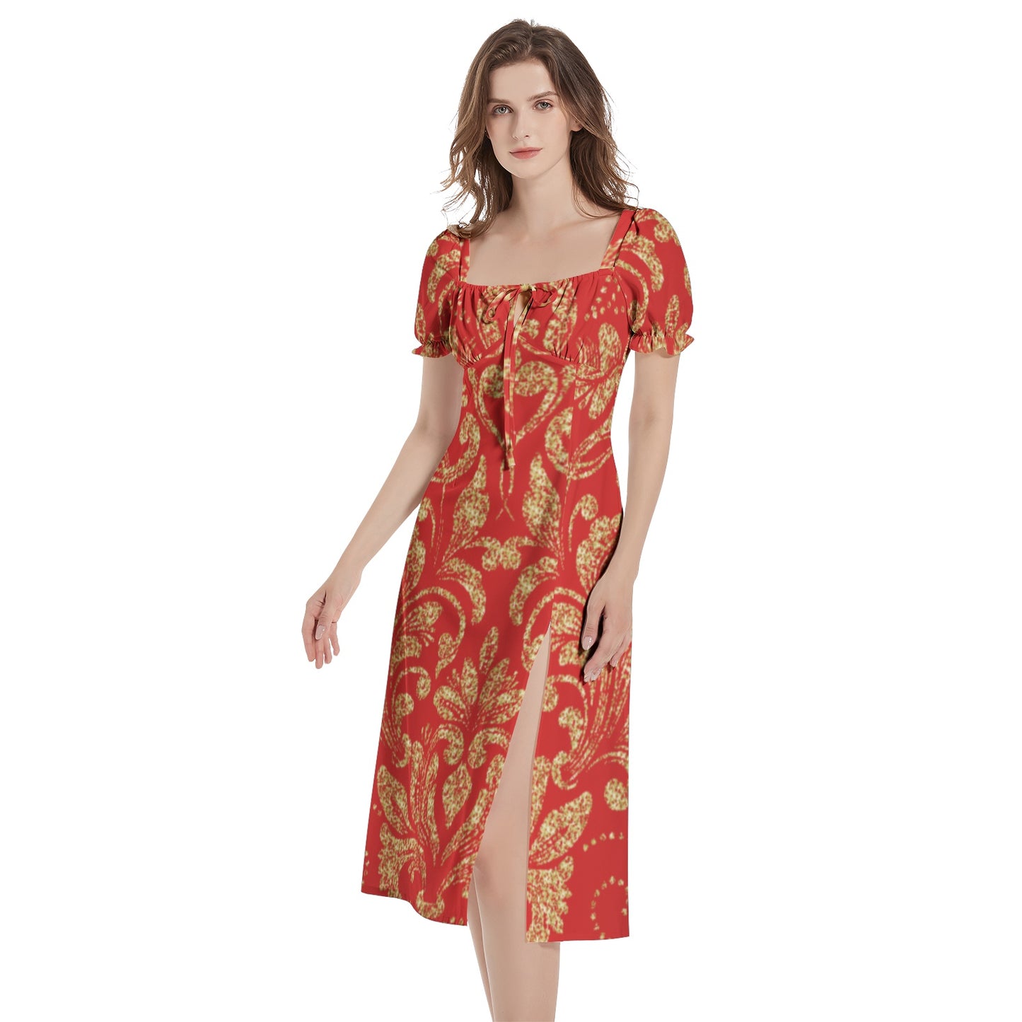 kokorepublic Puff Sleeve Split Thigh Midi Dress