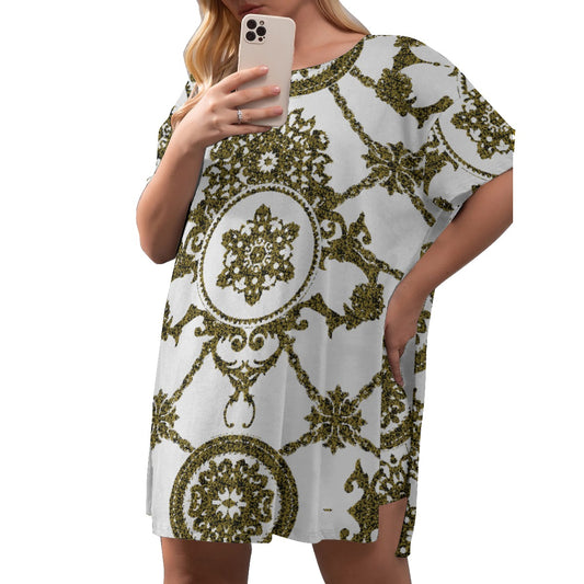 All-Over Print Women's Drop-Shoulder T-Shirt with Side Split and Shorts (Plus Size)