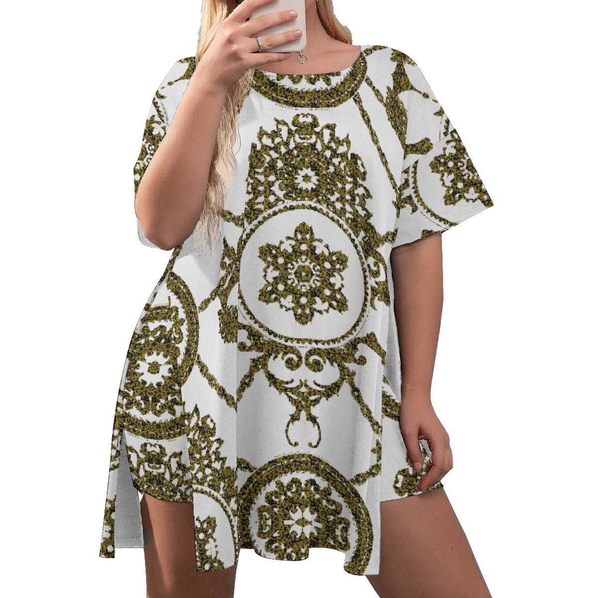 All-Over Print Women's Drop-Shoulder T-Shirt with Side Split and Shorts (Plus Size)