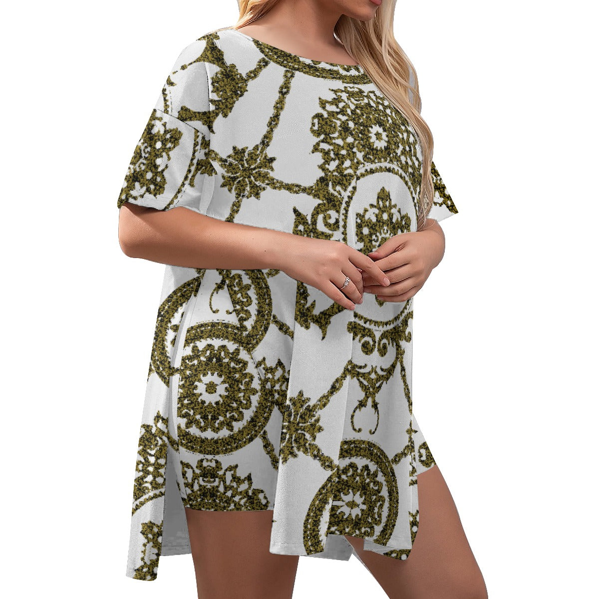 All-Over Print Women's Drop-Shoulder T-Shirt with Side Split and Shorts (Plus Size)