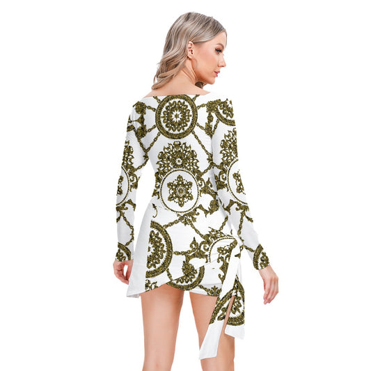 All-Over Print Women’s Square Collar Dress With Long Sleeve