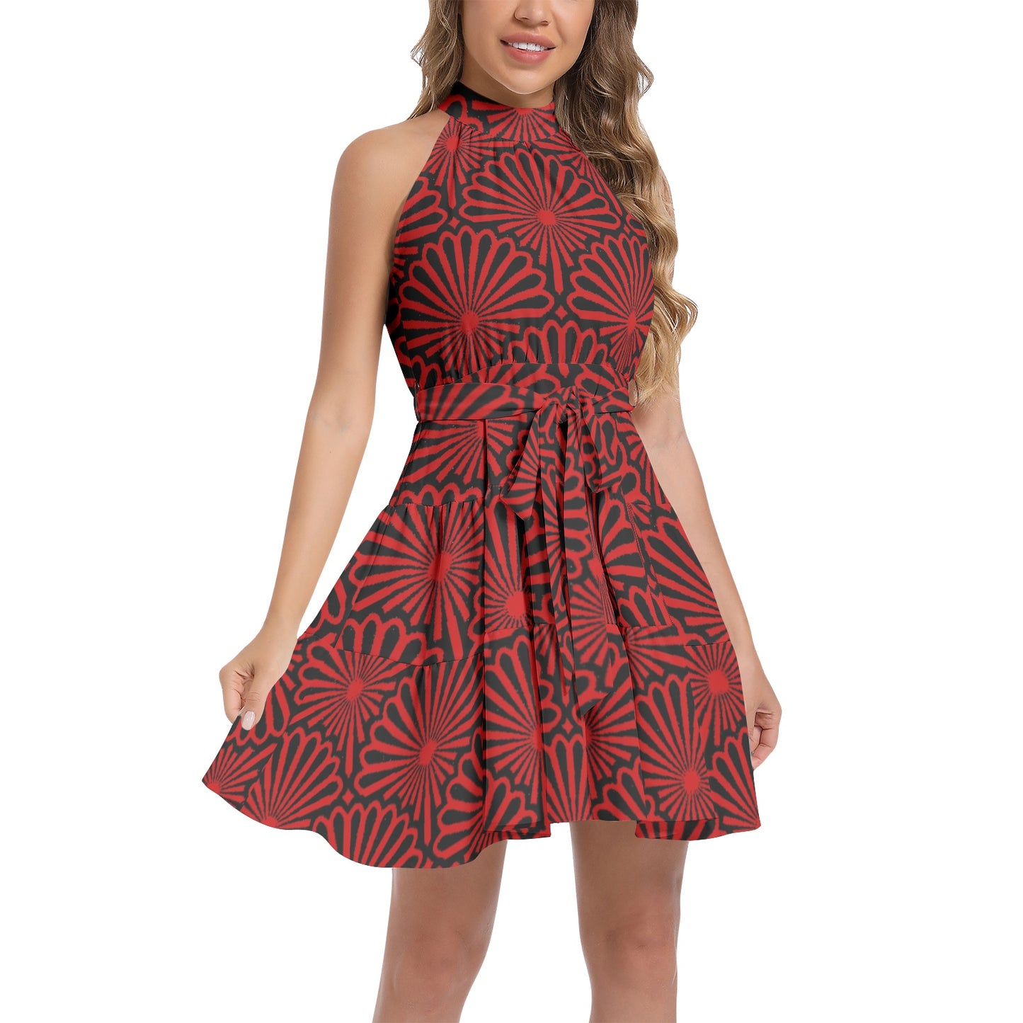 kokorepublic    Ruffle Hem Belted Halter Dress